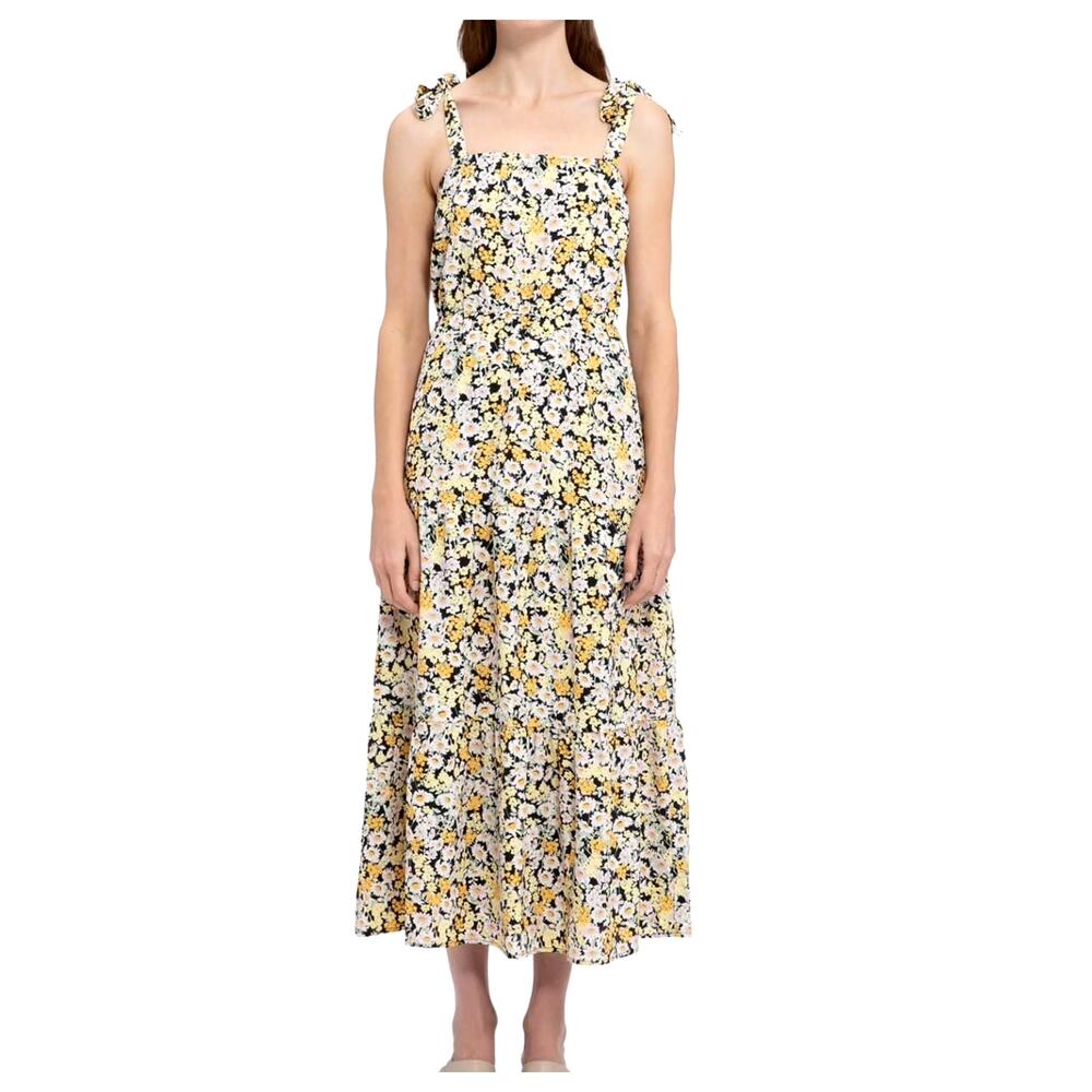 Social Standard by Santuary Tiered Smocked Back Maxi Sundress Yellow Floral XL